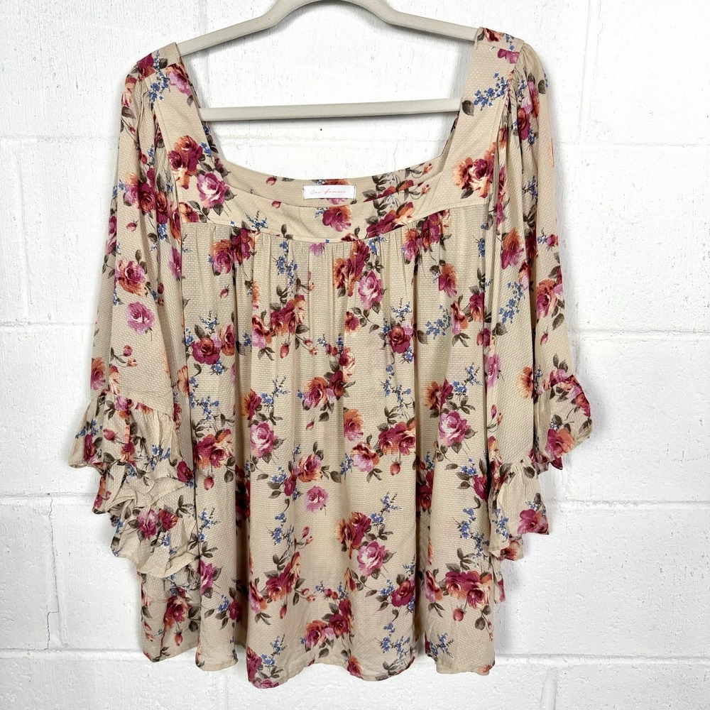 Ces Femme Top Floral Roses Ruffle Kimono Sleeves BoHo Peasant Romantic Dainty 3X